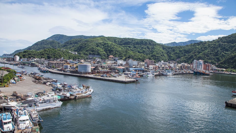 A harbor with boats, buildings, and mountains in the background.