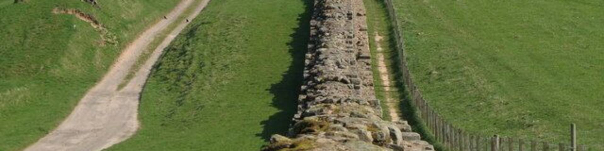 Hadrian's Wall and its north defensive ditch east of Willowford Farm (2) The track to the farm runs in the north defensive ditch.