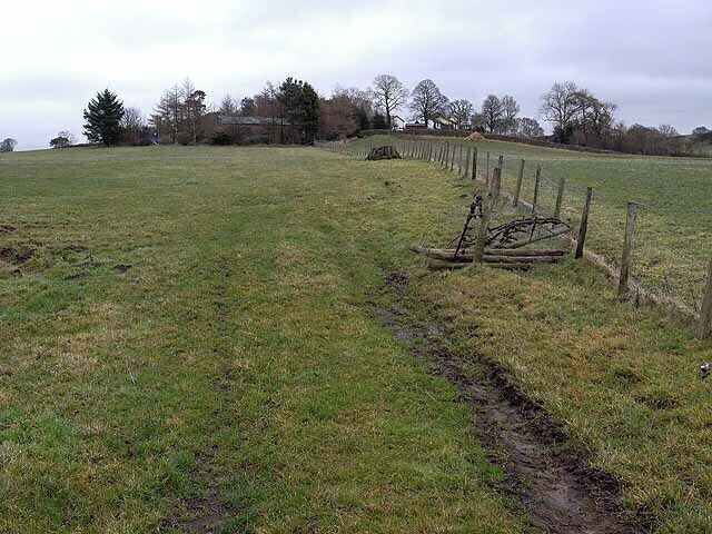 A grassy field with a muddy path and a wooden fence.