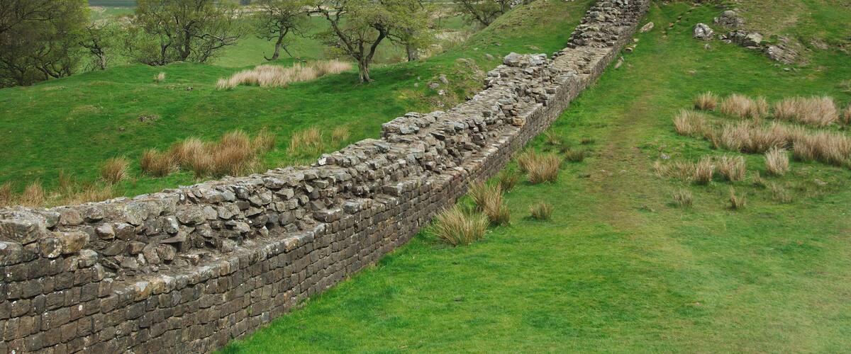 Un muro de piedra serpentea a través de un paisaje cubierto de hierba, con árboles y un cielo nublado.