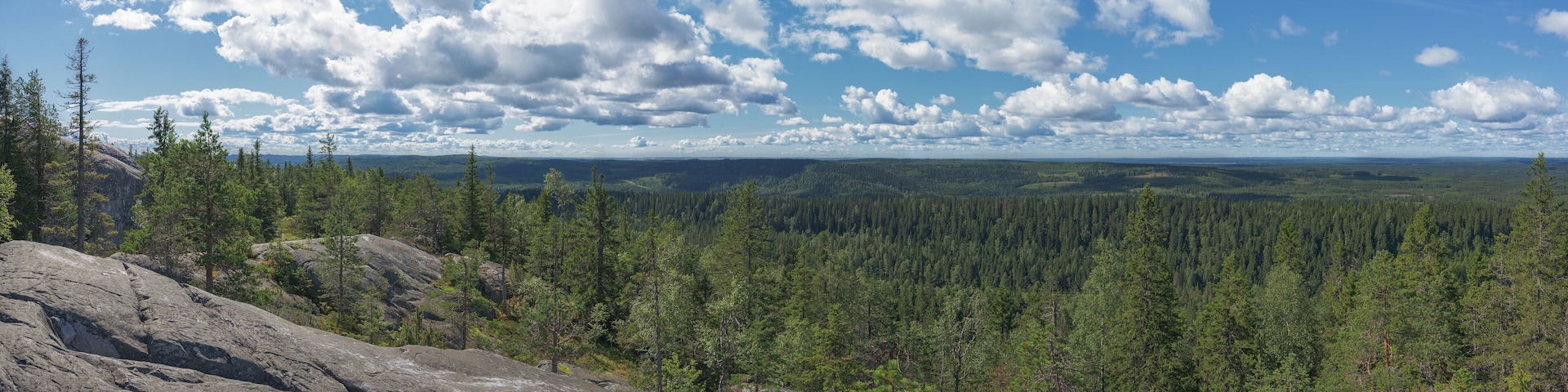 Paisagem montanhosa com florestas densas e afloramentos rochosos sob um céu parcialmente nublado.