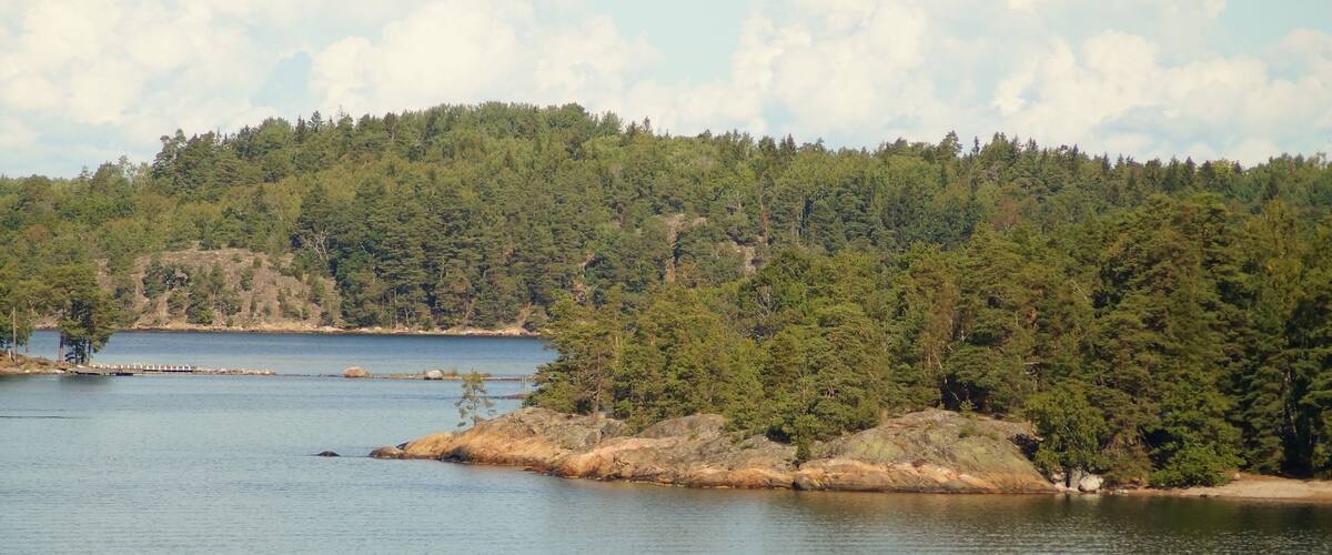 A lake surrounded by dense forest and rocky outcrops.