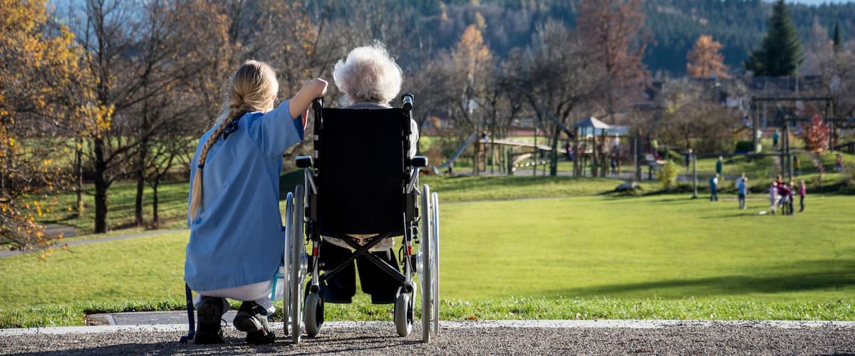 A park with a wheelchair, a person in a blue shirt, and a mountainous backdrop.