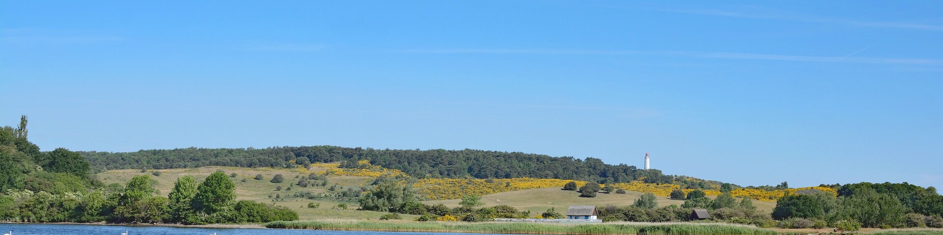 Blick auf den Dornbusch mit dem Leuchtturm auf der Insel Hiddensee,Ostsee,Mecklenburg-Vorpommern,Deutschland