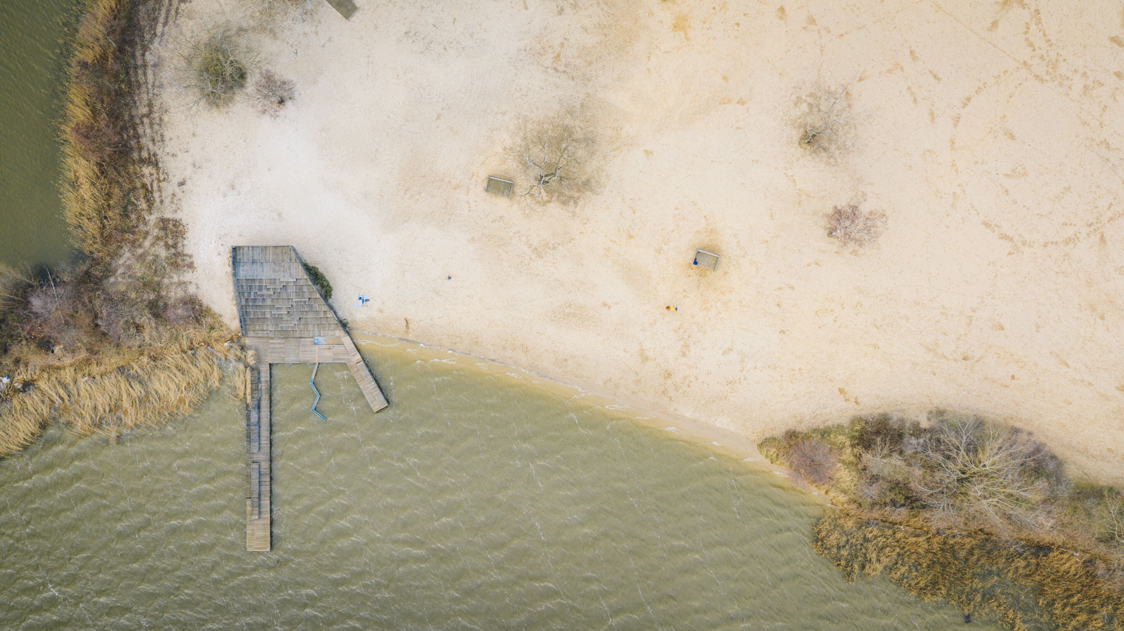 coast beach on the ijmeer in holland, netherlands, almere, flevoland shot from above 