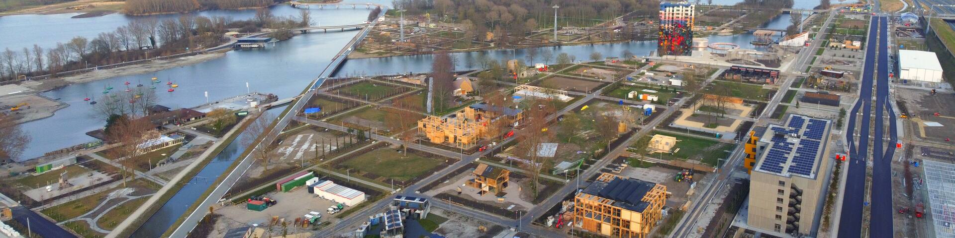 Aerial panorama view on the Floriade site under construction.