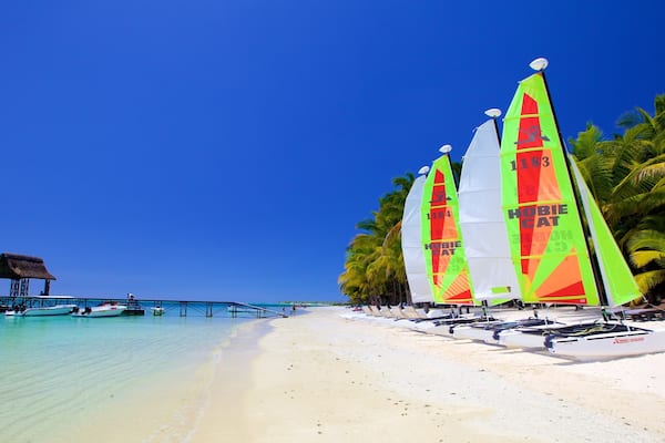Une plage avec des voiliers, des palmiers et une cabane à toit de chaume.