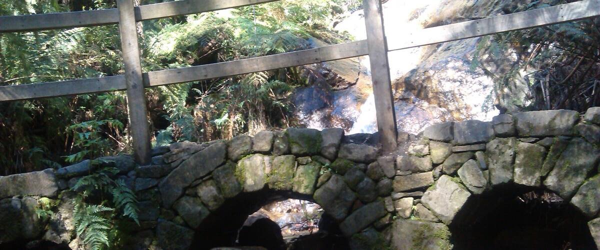 A stone bridge with two arches over a stream, surrounded by lush greenery and rocks.