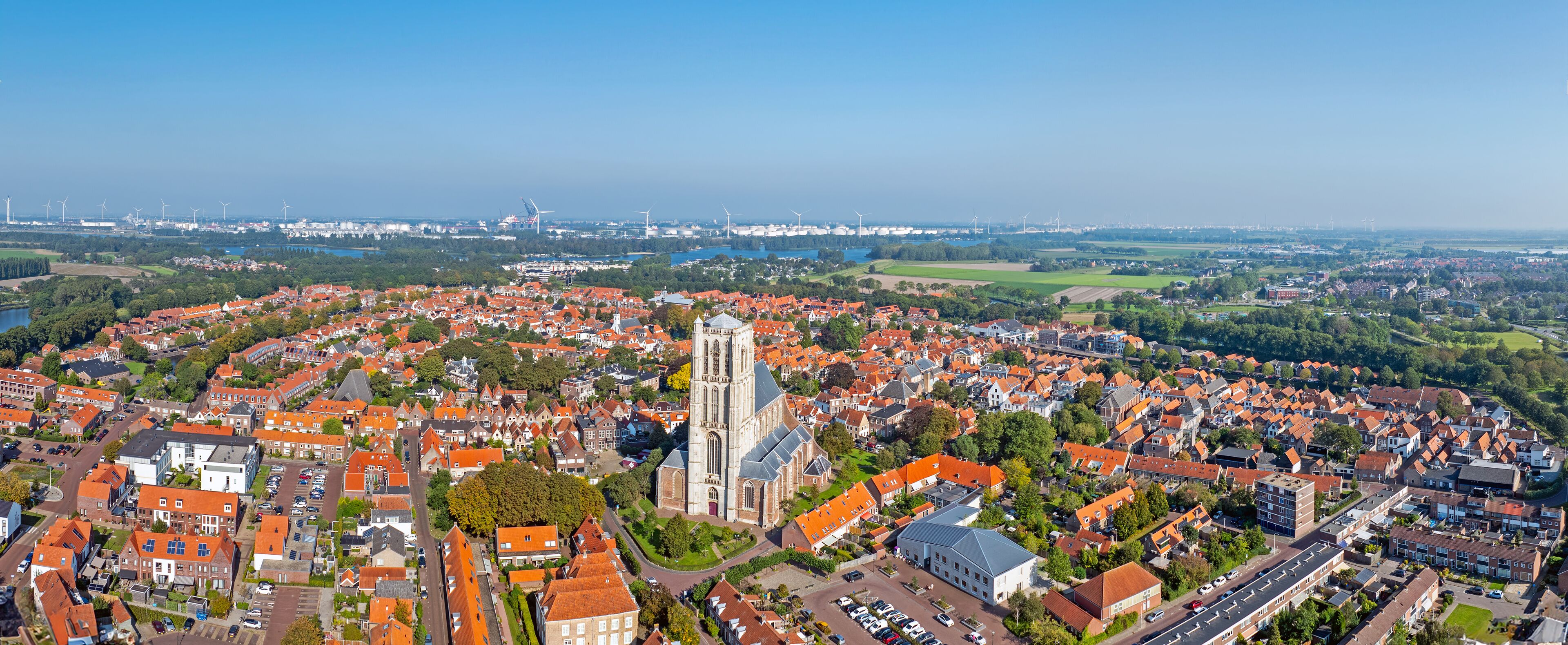 Aerial panorama from the historical town Brielle near Rotterdam in the Netherlands
