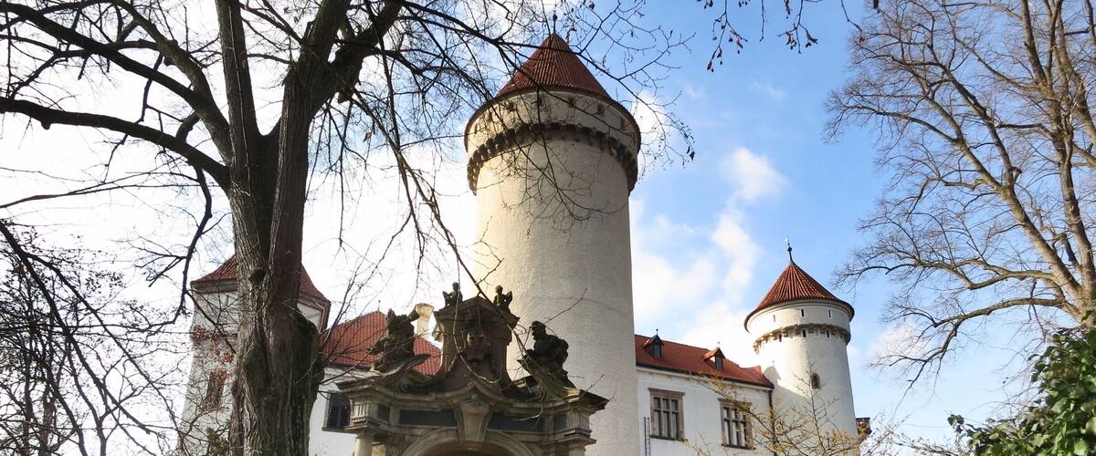 A historic castle with a prominent tower and an ornate entrance archway.