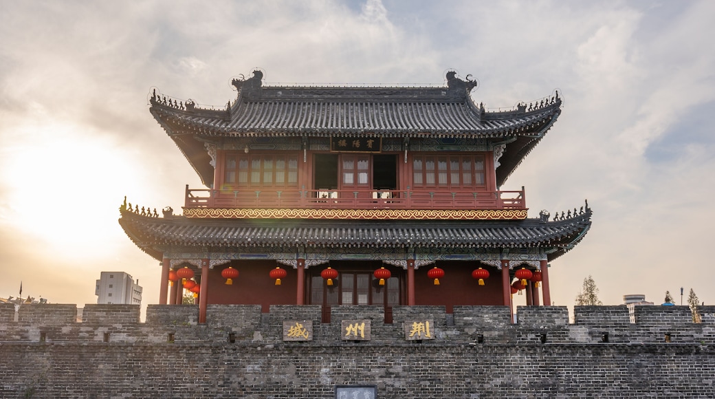 Traditional facade of buildings, exterior of buildings,loated Jingzhou China.Close-up of historic buildings.There china letters on building is"Jingzhou gate" builded in the Three Kingdoms Period.