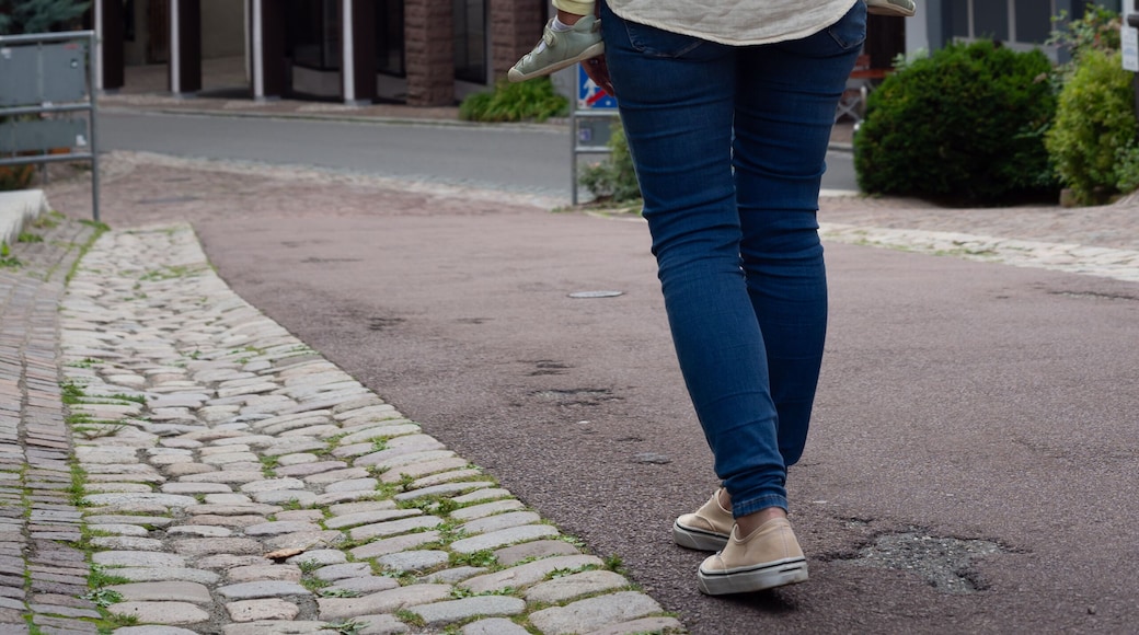 Mother with her toddler in a baby carrier at her back while are having a walk in Schiltach in Black Forest, Germany.