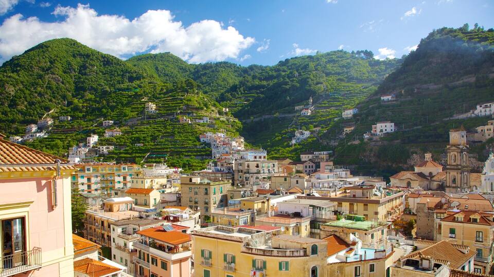 A coastal town with terraced vineyards, colorful buildings, and a mountainous backdrop.