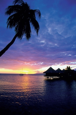 Sunset viewed from beach, Tahiti, French Polynesia