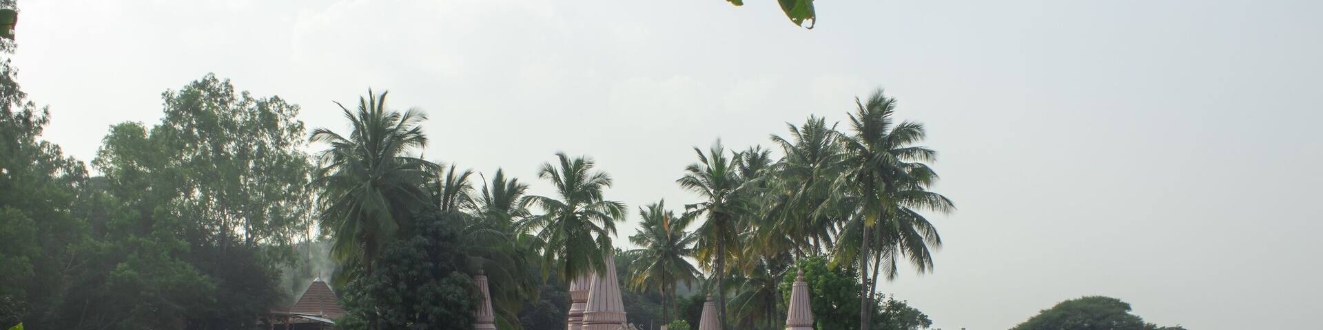 A temple with a reflection in the water, surrounded by palm trees and a calm lake.