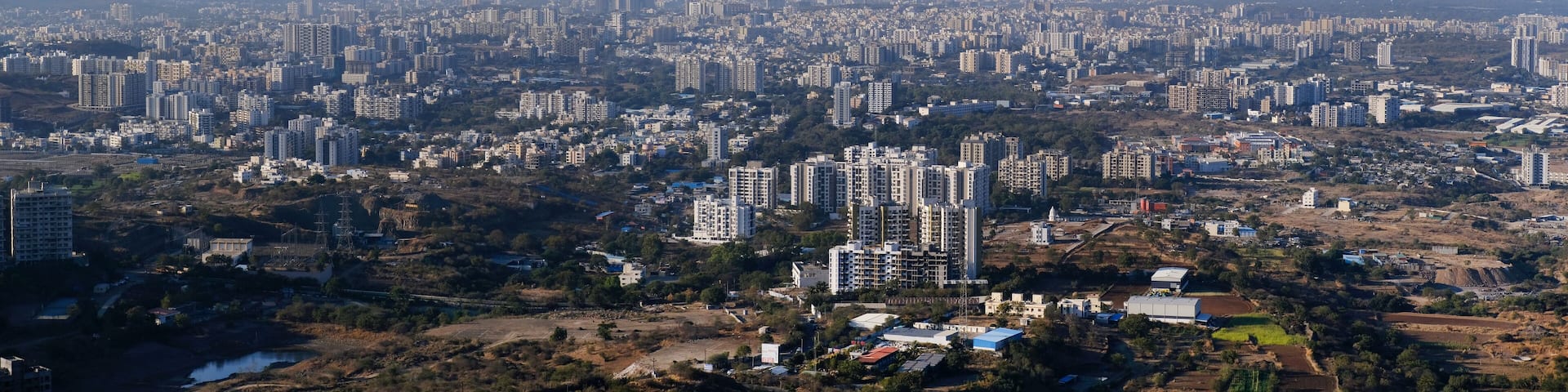 19 January 2024, Cityscape Skyline, Cityscape of Pune city Aerial panorama view from Bopdev Ghat, Pune, Maharashtra, India.