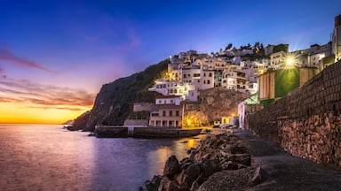 Panoramic view of La Caleta-Guardia little fishing port at dusk, Salobreña, Granada province, Andalusia, Spain