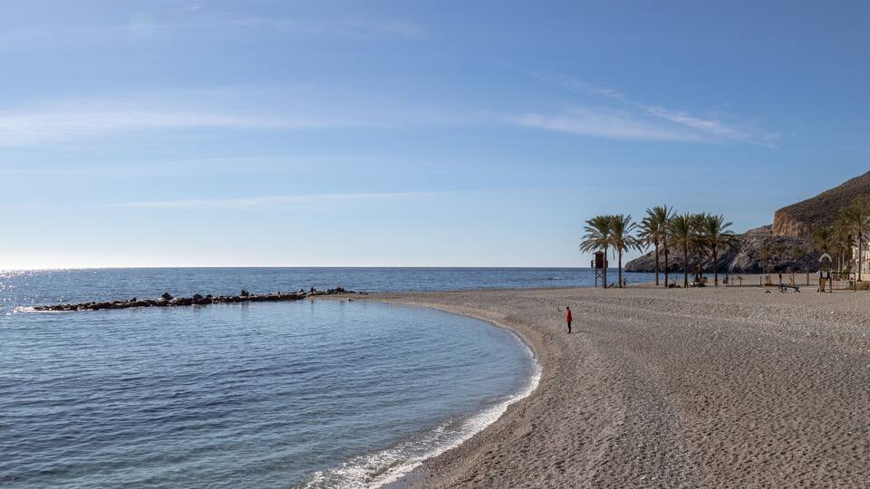 A curved sandy beach with calm water, palm trees, and a rocky cliff.