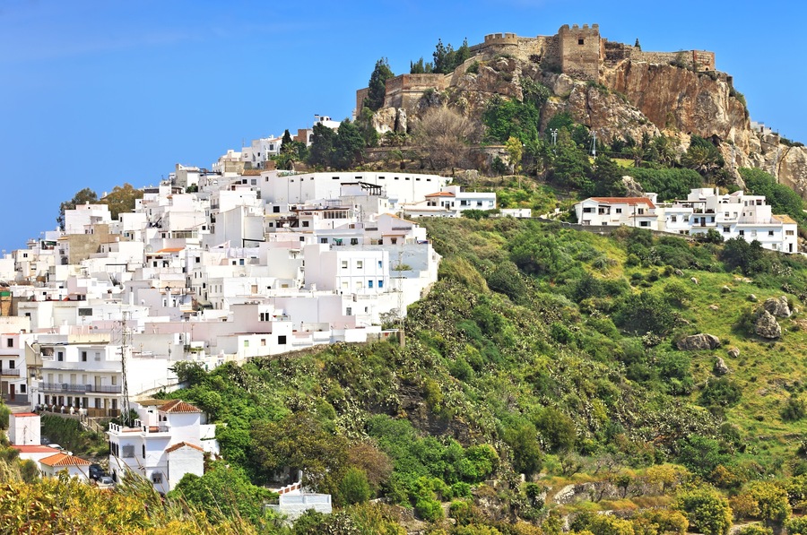 The castle and white houses in the Spanish town of Salobrena, Andalusia, SPain