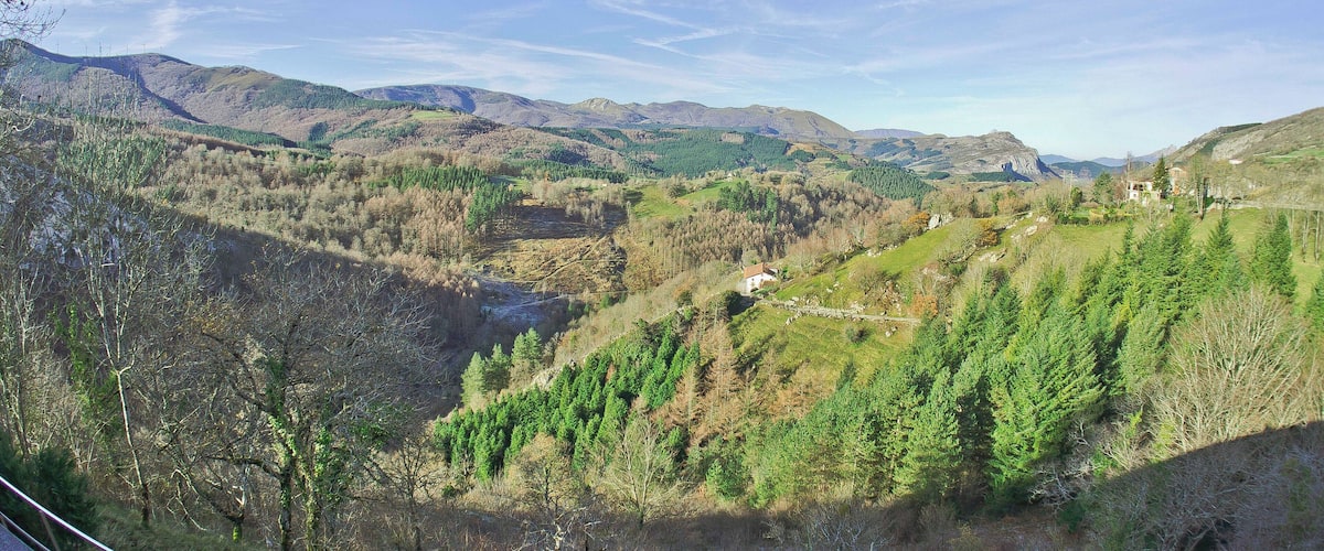 A valley with a river, dense forests, and distant mountains under a clear sky.