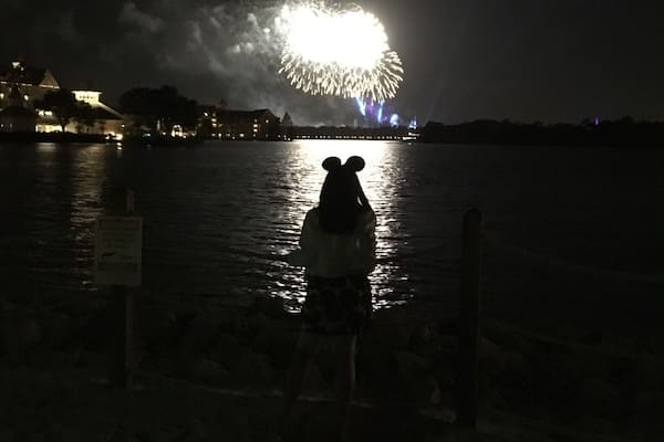 Viewing Magic Kingdom fireworks from the Polynesian resort beach!