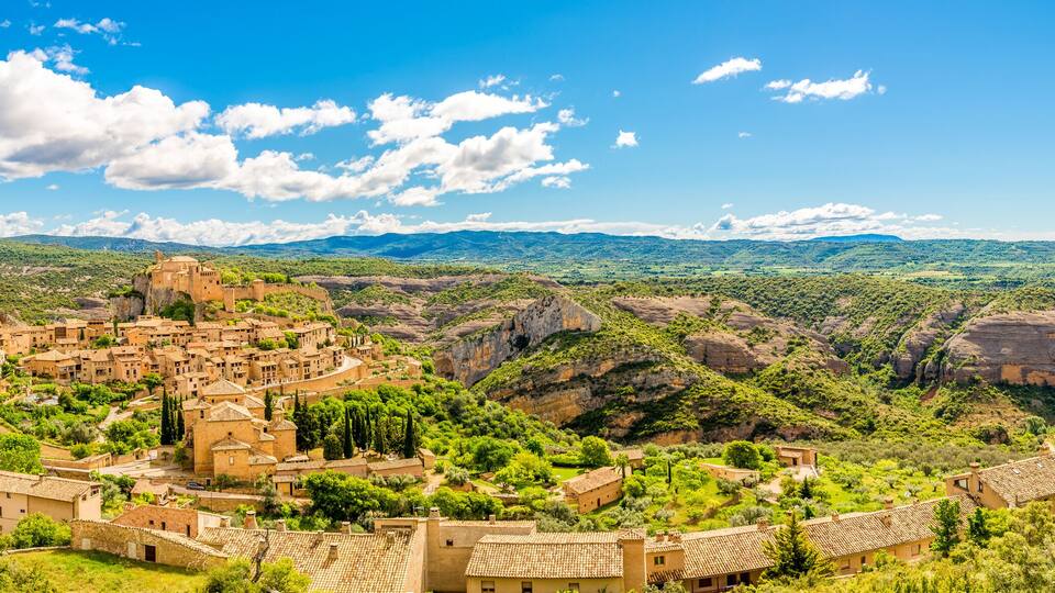 Panoramic view at the Alquezar village with Canyon Rio Vero in Spain