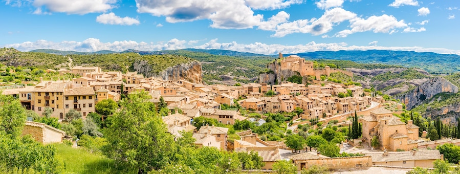 Panoramic view at the Alquezar village with Saint Miachael church and Collegiate church on top in Spain