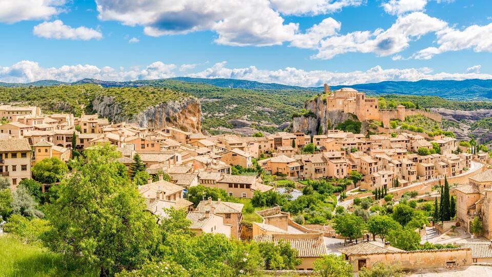 Panoramic view at the Alquezar village with Saint Miachael church and Collegiate church on top in Spain