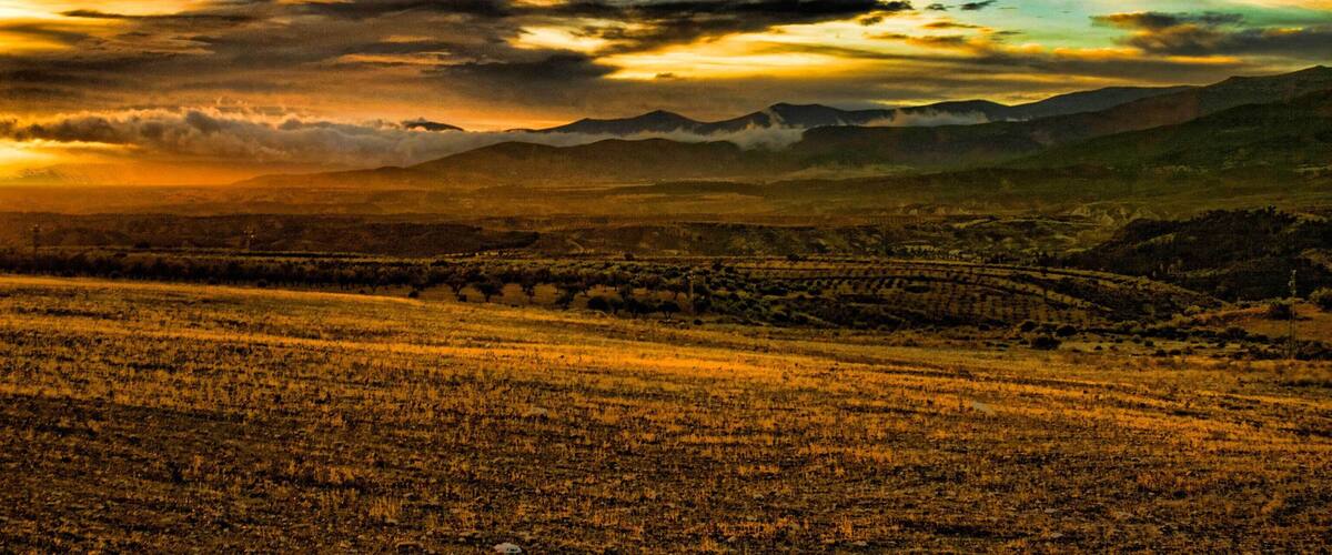 A sunset over a mountainous landscape with a field in the foreground.