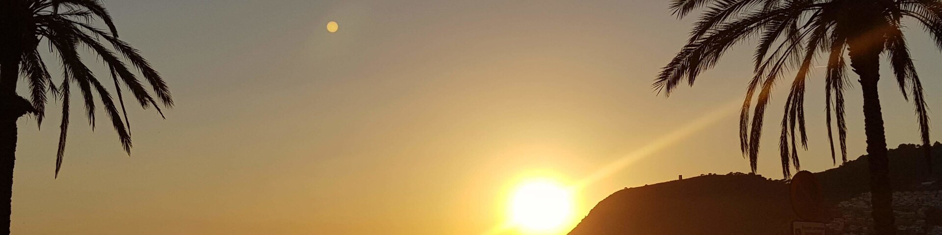 Atardecer sobre una playa con palmeras y sombrillas.