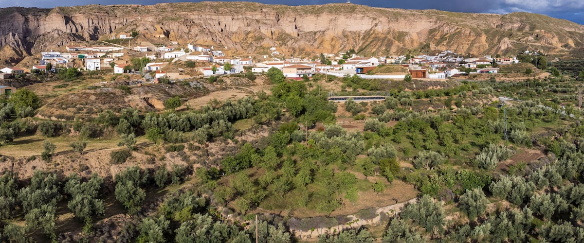 A coastal village with white buildings, olive groves, and a rocky cliff.
