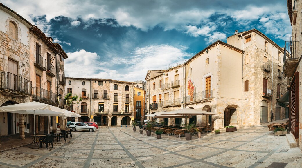 Besalu, Girona, Spain. Old Freedom Square Or Placa De La Llibertat In Sunny Summer Day