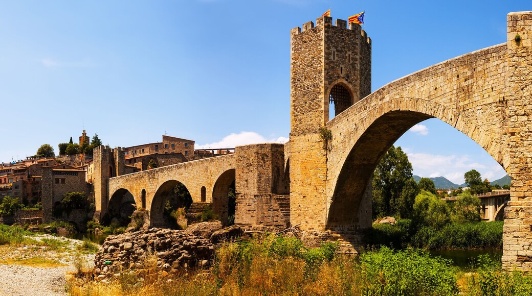 Panorama of medieval bridge with gate