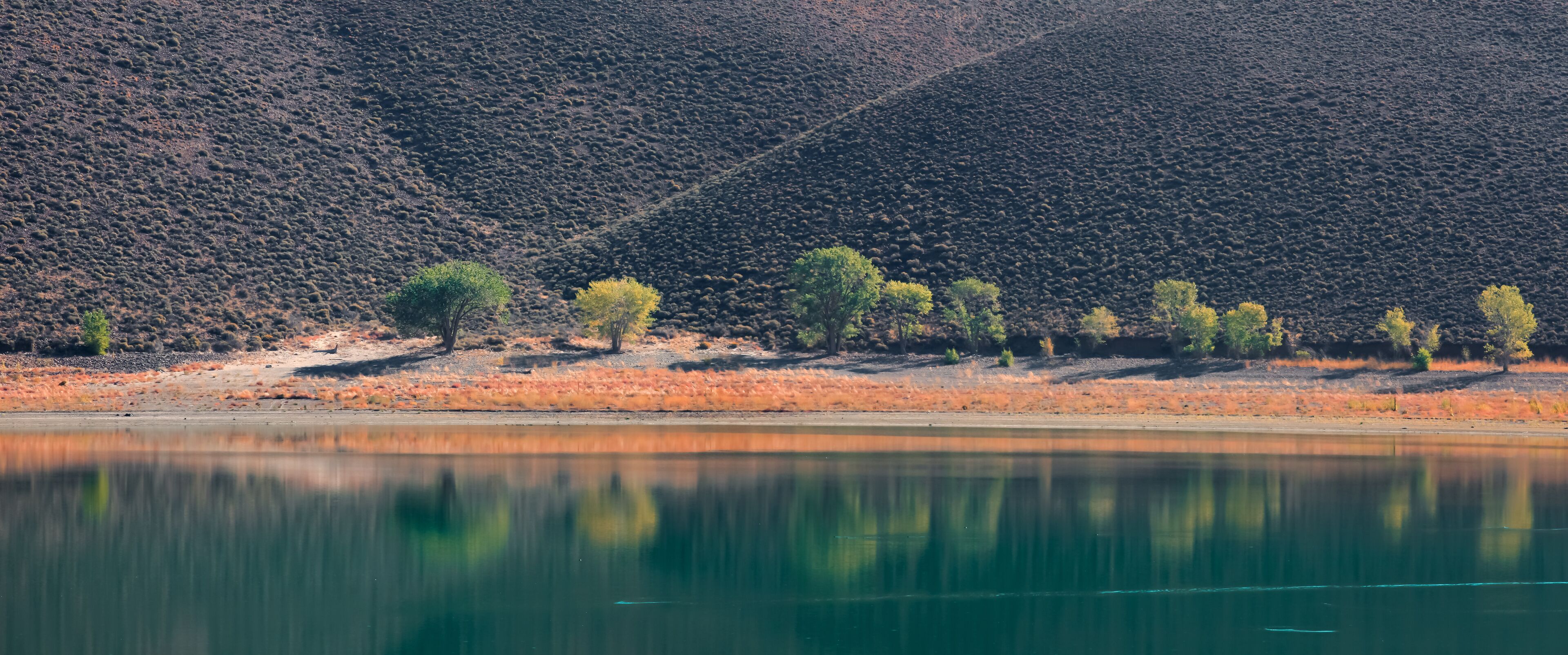 Perfect reflection at scenic Topaz lake in Sierra Nevada mountains, California.