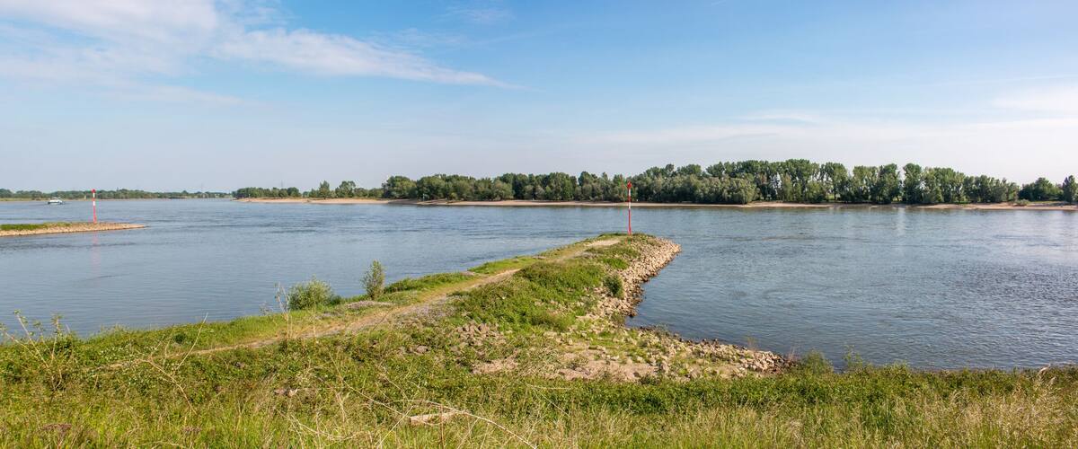 A river with a narrow strip of land on one side and a forest on the other.