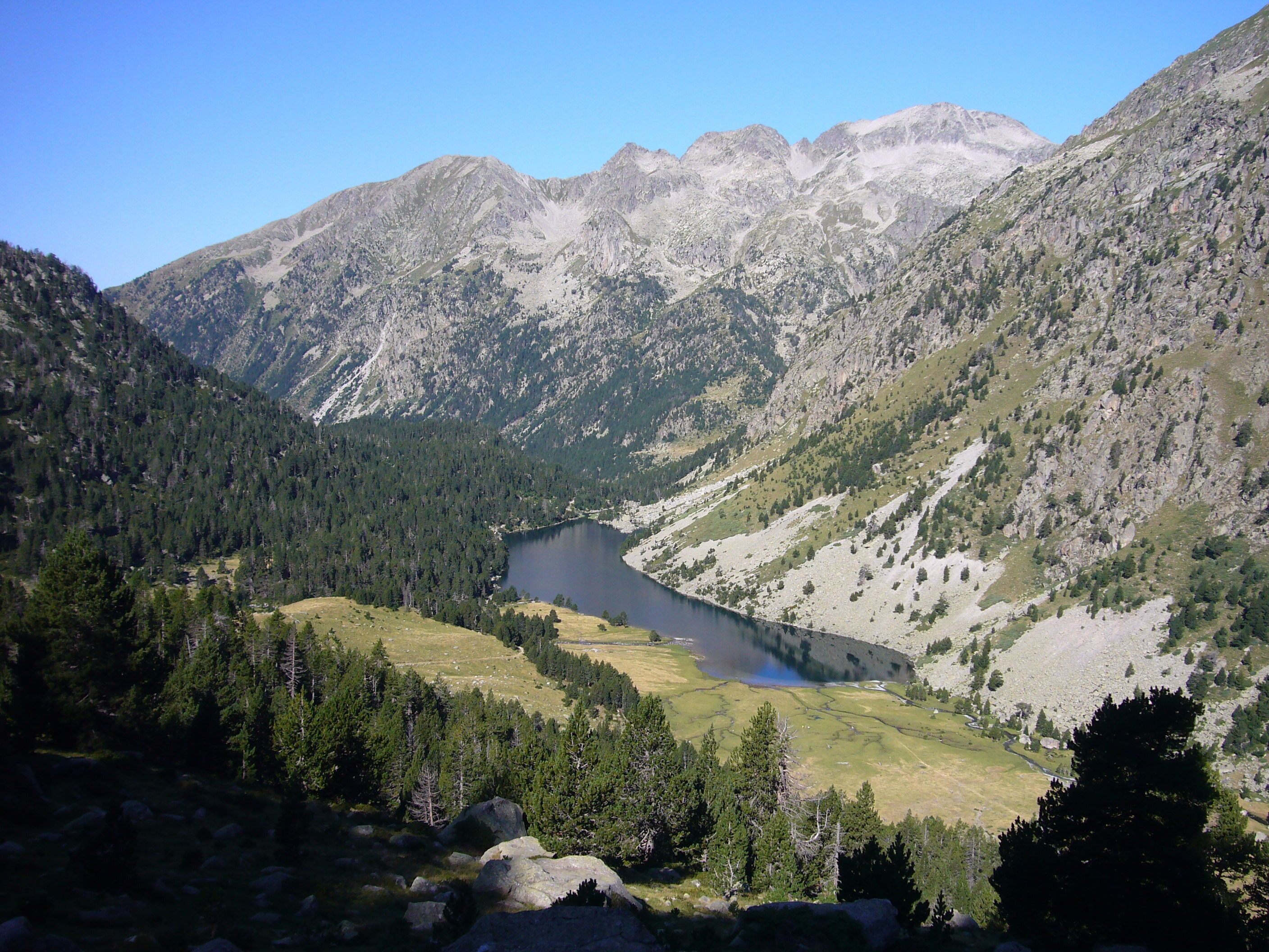 A mountainous landscape with a lake surrounded by dense forests and rocky peaks.