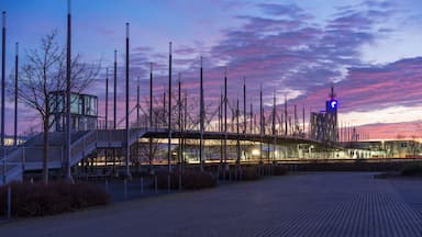 Estrutura arquitetônica moderna com fachada de vidro e estrutura metálica, cercada por postes altos e um céu ao pôr do sol.