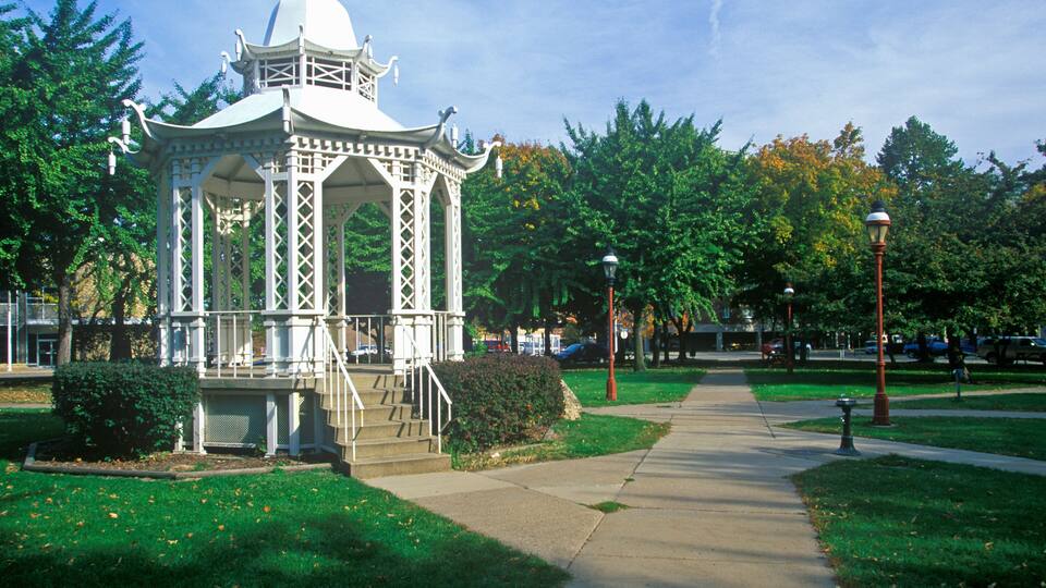 A white gazebo with a dome roof and intricate lattice design, surrounded by lush green grass and trees.