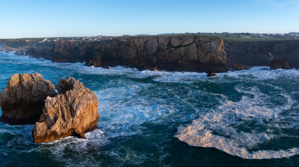Aerial view from a drone of the Urro del Manzano mountain range in the Costa Quebrada Geopark. Liencres, Cantabrian Sea, Cantabria, Spain, Europe