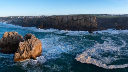 Aerial view from a drone of the Urro del Manzano mountain range in the Costa Quebrada Geopark. Liencres, Cantabrian Sea, Cantabria, Spain, Europe