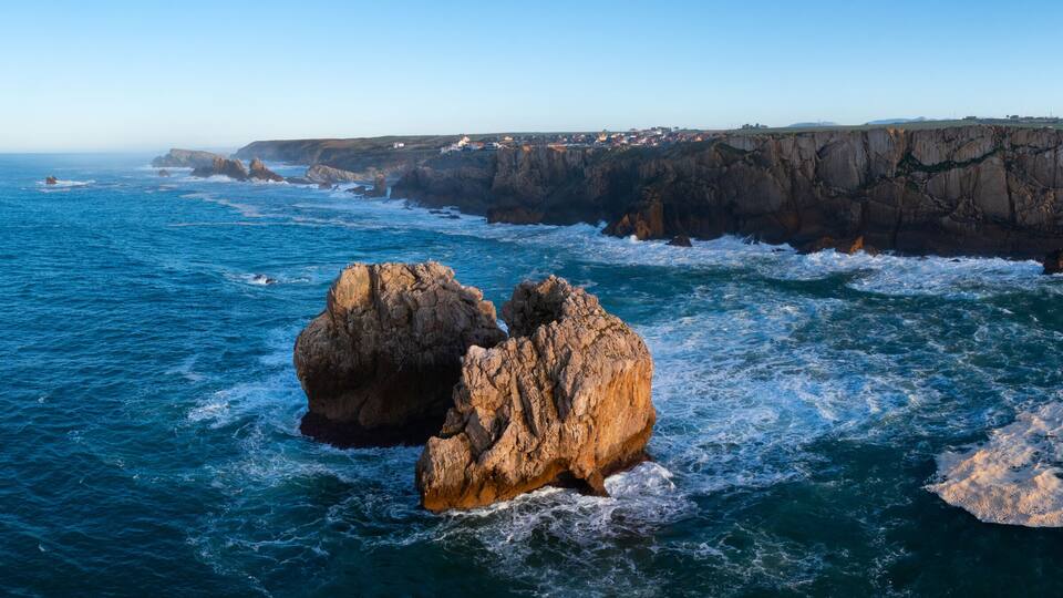 Aerial view from a drone of the Urro del Manzano mountain range in the Costa Quebrada Geopark. Liencres, Cantabrian Sea, Cantabria, Spain, Europe