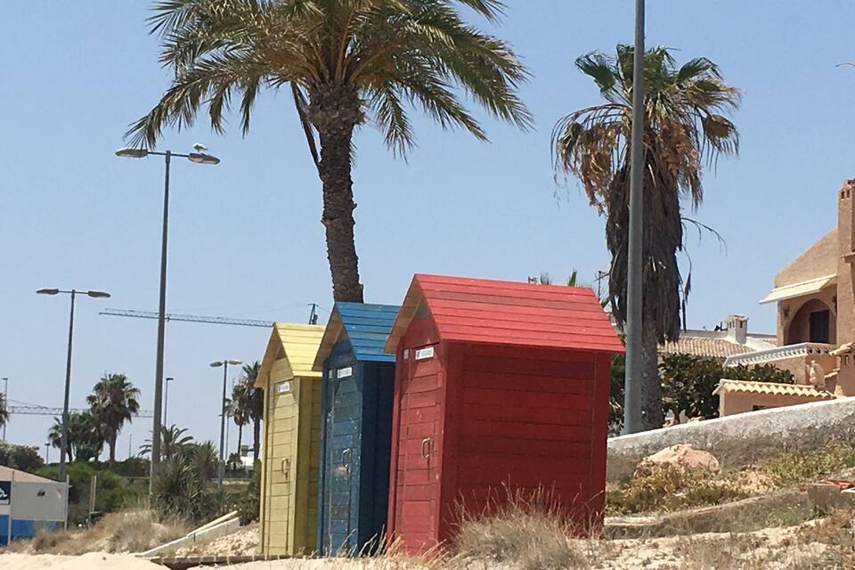 Colorful beach huts, palm trees, and a clear blue sky.