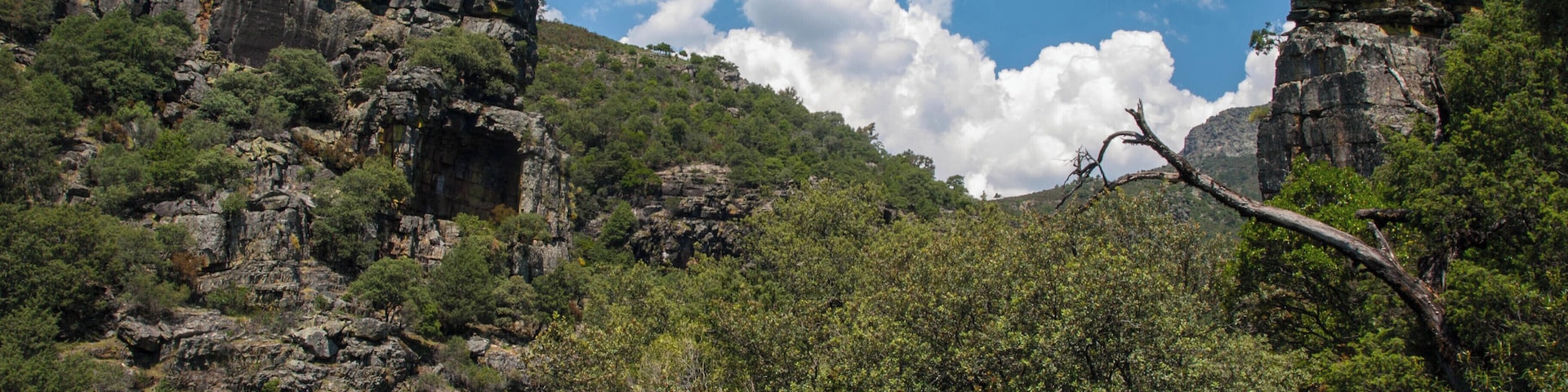 A rugged mountainous landscape with rocky outcrops and dense green vegetation under a clear blue sky.