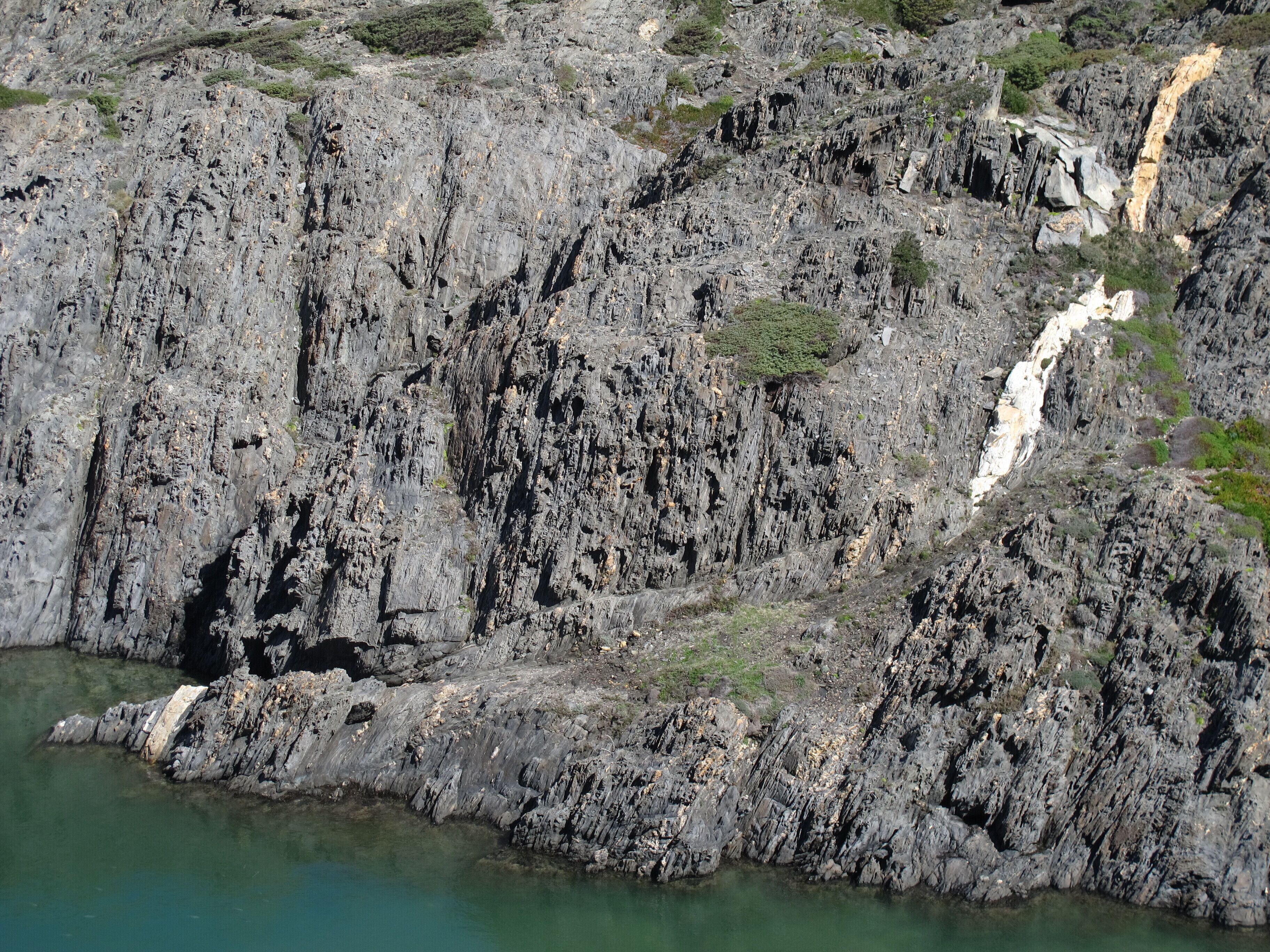 Prominent pegmatite dyke showing 23 m dextral offset across steeply-dipping shear zone. Cala Prona, Cap de Creus area, Catalunya.