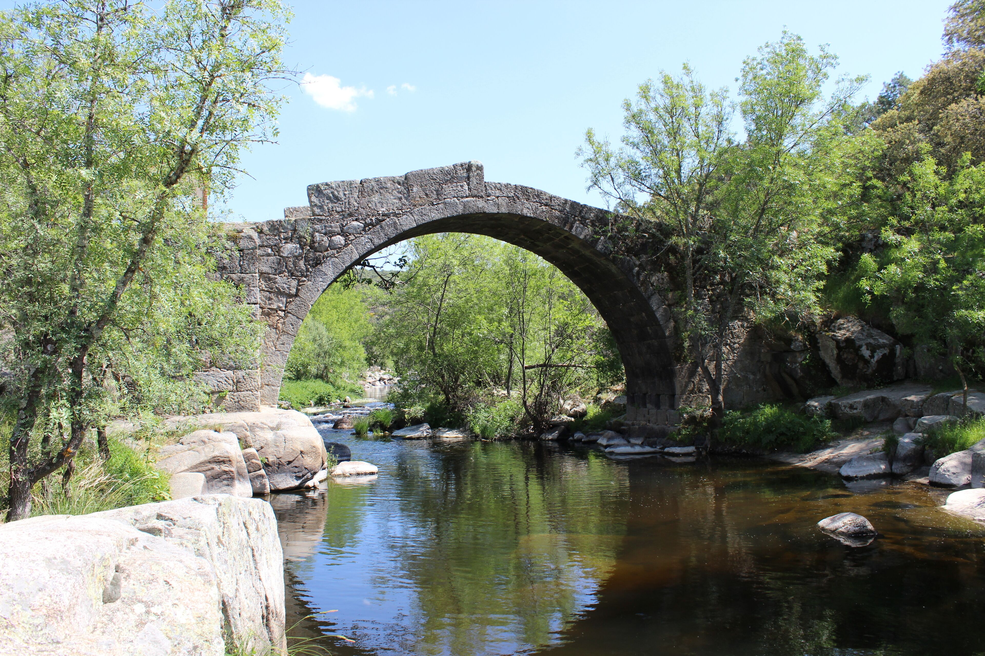 A stone bridge over a river surrounded by trees.