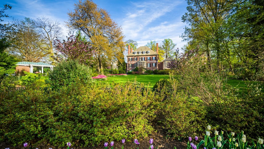 Gardens and large home at Sherwood Gardens Park, in Baltimore, M