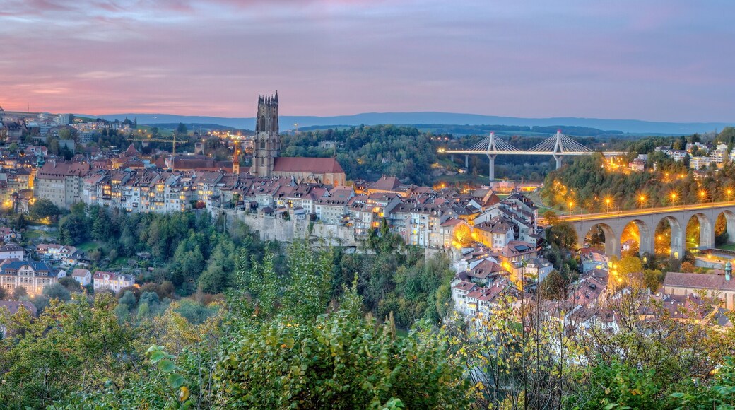 View of cathedral, Poya and Zaehringen bridge, Fribourg,