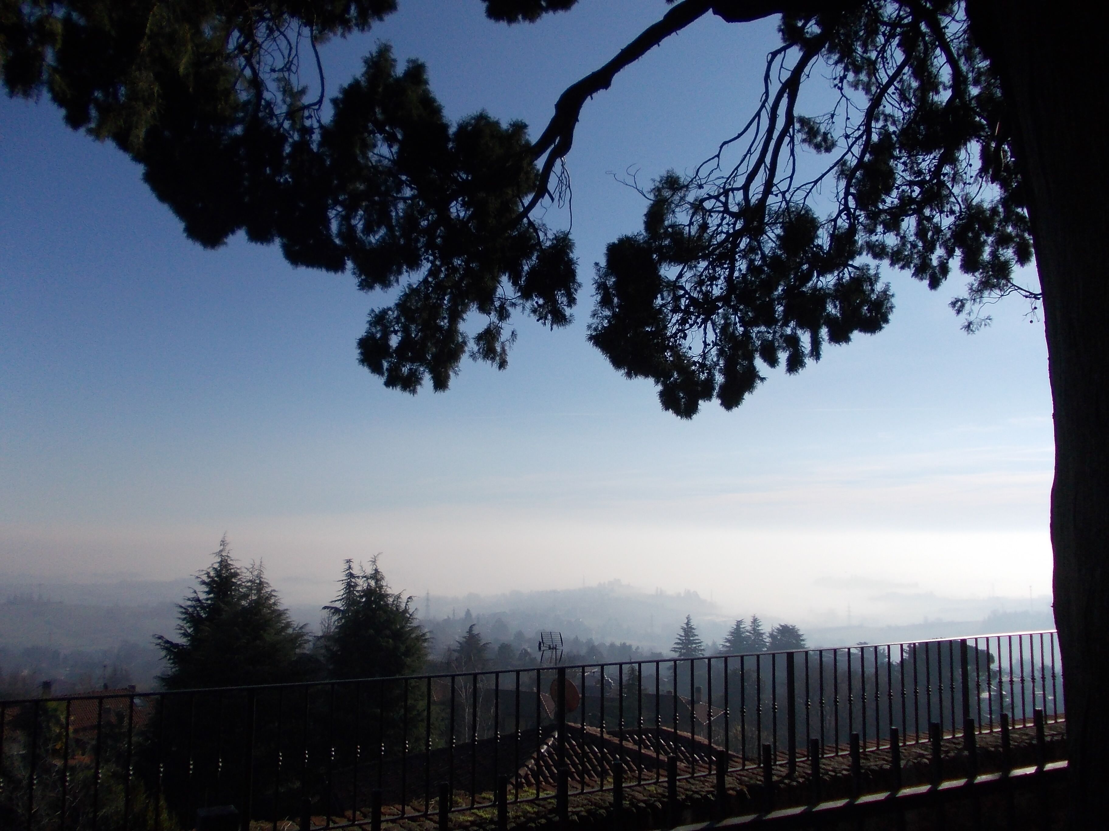 A mountainous landscape with a clear sky, a fence, and trees.