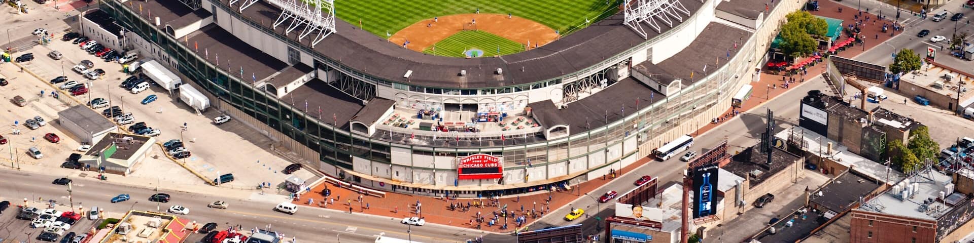 Wrigley Field showing a city and landscape views