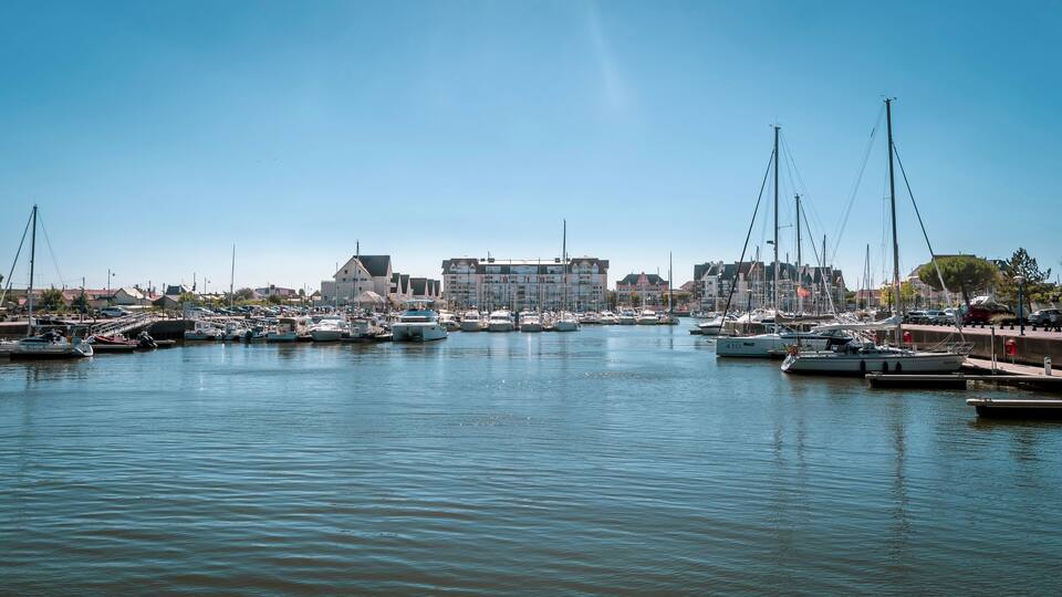 A marina with numerous boats docked, a large building in the background, and a clear blue sky.